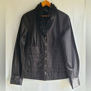 NWOT-Etcetera Women's Ruffle Collar  Button-down Long Sleeve Black Shirt Sz:8